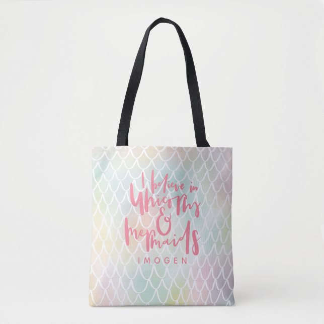 I BELIEVE IN UNICORNS AND MERMAIDS PINK TOTE BAG (Front)