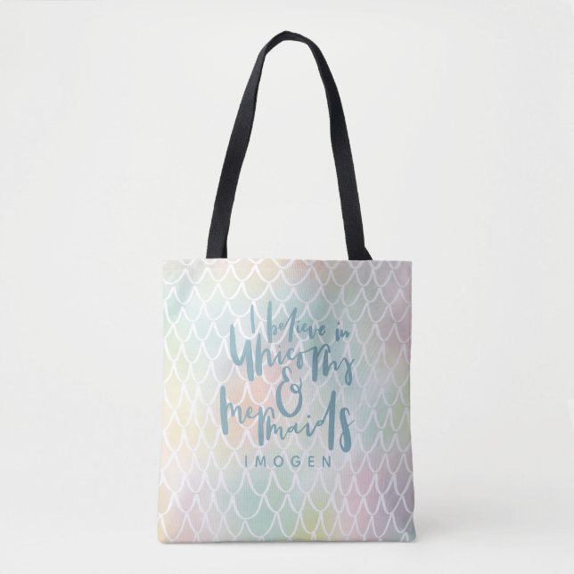 I BELIEVE IN UNICORNS AND MERMAIDS SEA BLUE TOTE BAG (Front)