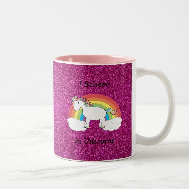 I believe in unicorns pink glitter Two-Tone coffee mug (Right)