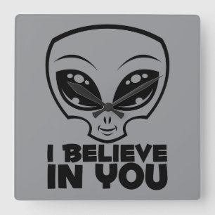 I Believe In You Alien In Black Line Square Wall Clock