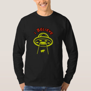 I Believe Ufo With Comic Spaceship Abducting Cow T-Shirt