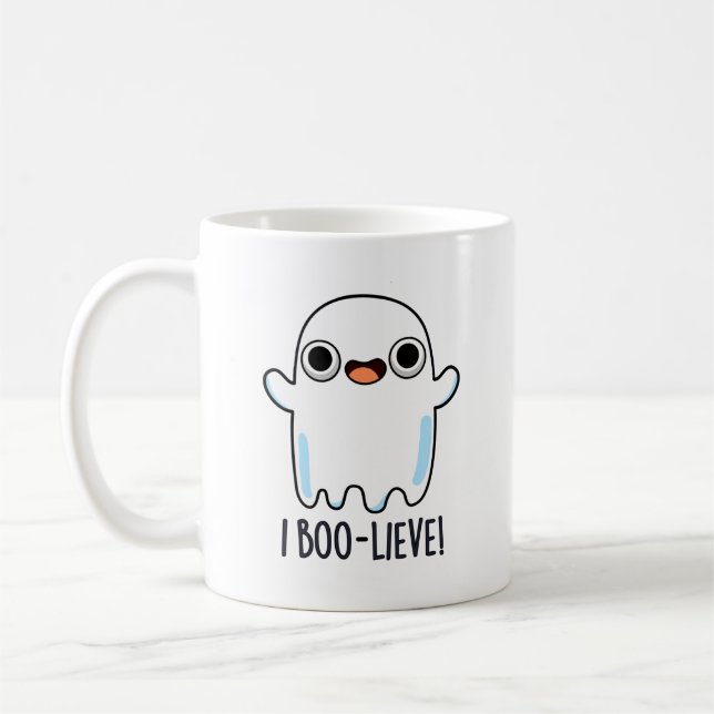 I Boo-lieve Funny Positive Ghost Pun Coffee Mug (Left)
