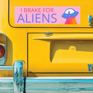 I BRAKE FOR ALIENS Cute UFO Spaceship Bumper Sticker