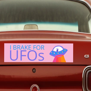 I BRAKE FOR UFOS Cute Alien Spaceship Bumper Sticker