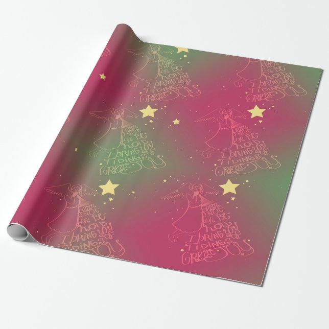 "I Bring You Tidings..." Angel Green Pink Wrapping Paper (Unrolled)