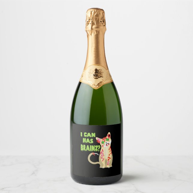 I Can Has A Brain Zombie Cat Shirt Sparkling Wine Label (Front)