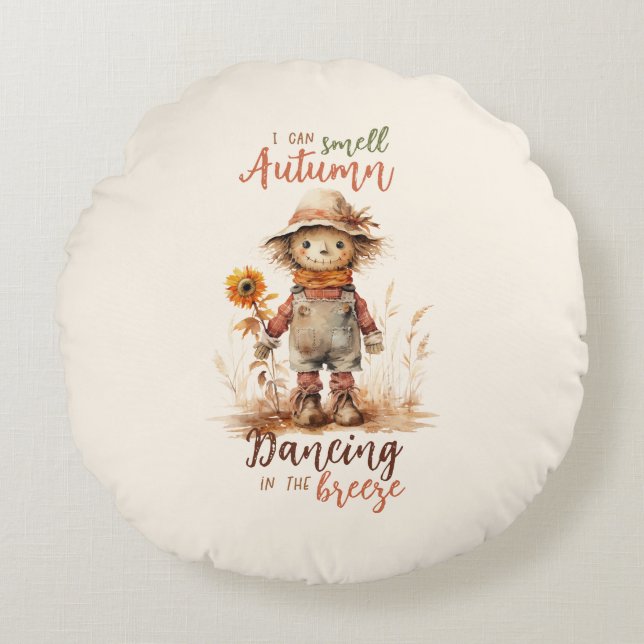 I Can Smell Autumn – Rustic Scarecrow & Sunflower Round Cushion (Front)