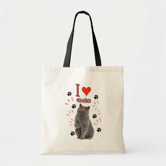 I ❤️ Cats – Cute Cat & Paw Print Design Tote Bag (Front)