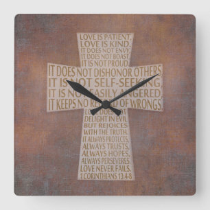 I Corinthians 13 Love Chapter Cross Rustic Square Wall Clock
