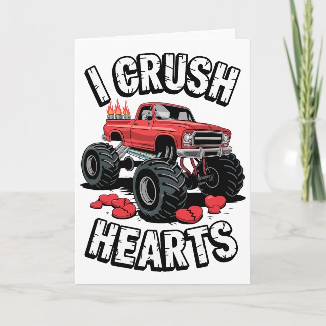 I Crush Hearts Valentine Monster Truck For Boys Ki Card (Front)