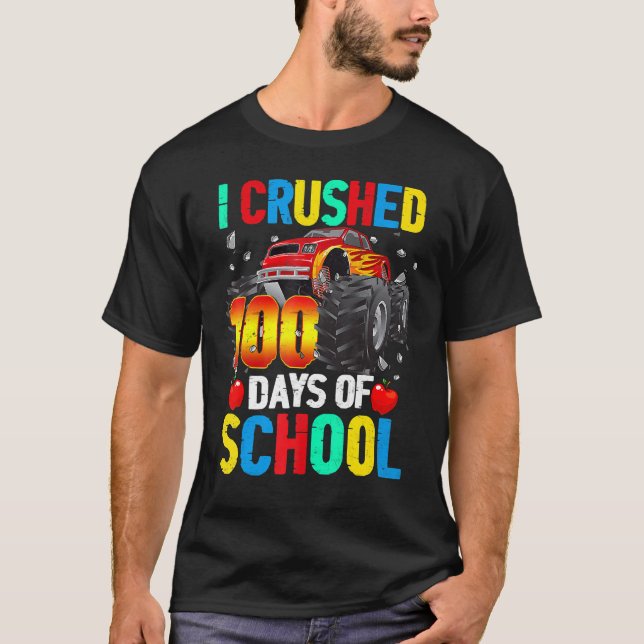 I Crushed 100 Days of School Monster Truck Kids Bo T-Shirt (Front)