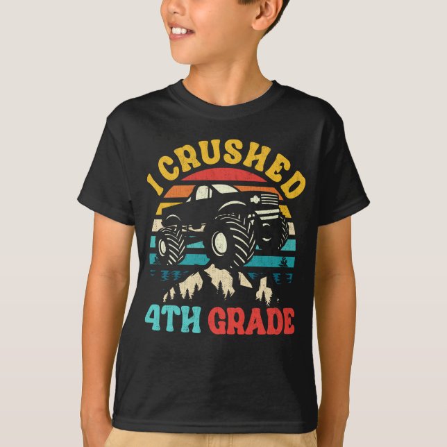 I Crushed 4th Grade Monster Truck Graduation Cap T-Shirt (Front)
