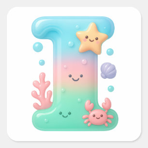 "I" Cute Letter - Underwater Sea Creature Square Sticker
