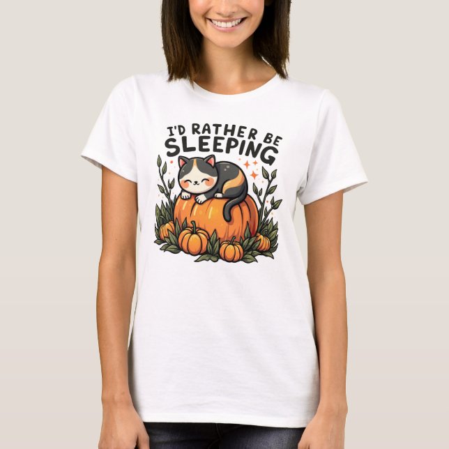 I’d Rather Be Sleeping - Cosy Cat on Pumpkin T-Shirt (Front)
