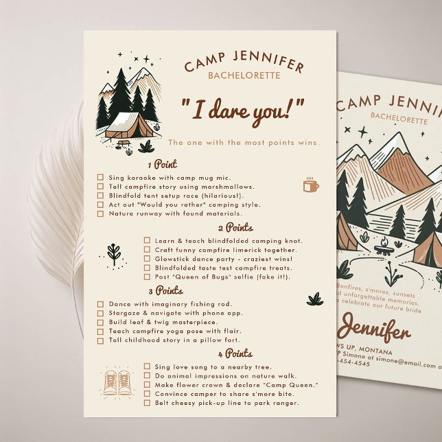 I Dare You Camp Bachelorette Party Game Flyer (camping bachelorette party game dare you camp bach earth colors beige brown)