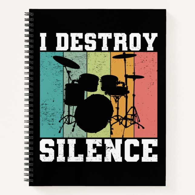 I Destroy Silence Distressed Vintage Drummer Retro Notebook (Front)
