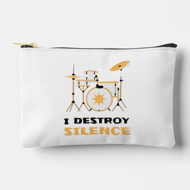 I Destroy Silence Funny Drummer Accessory Pouch (Front)