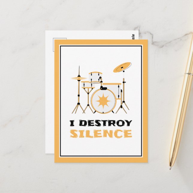 I Destroy Silence Funny Drummer Postcard (Front/Back In Situ)