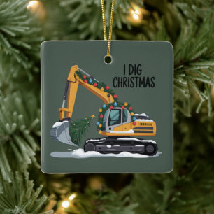 I Dig Christmas Excavator Santa Boy Funny Kids  Ceramic Ornament