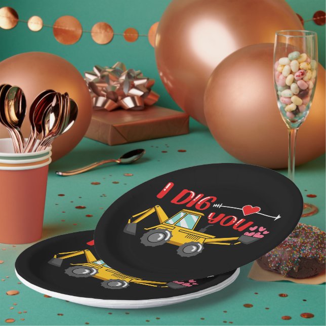 I Dig You Backhoe Valentine Paper Plate (Multi)