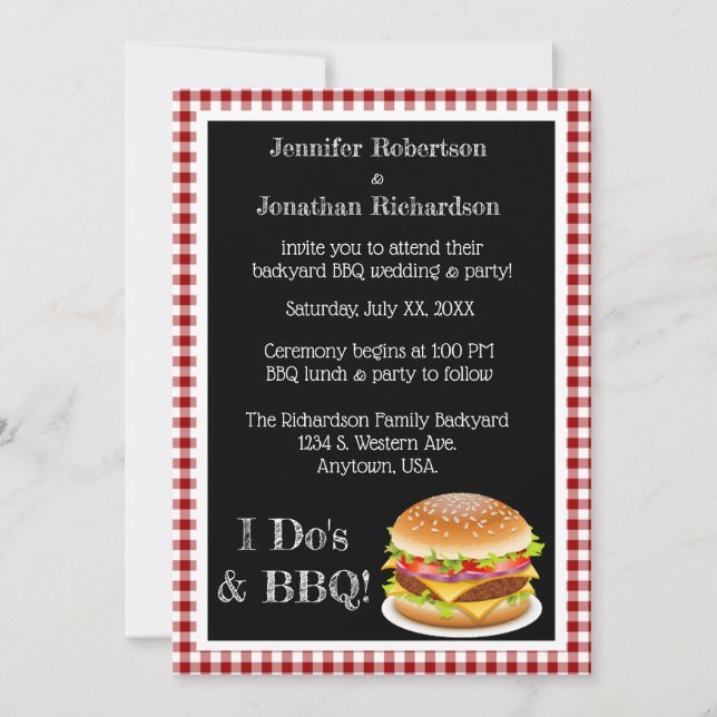 I Do and BBQ Red Gingham Hamburger Casual Wedding Invitation (Front)