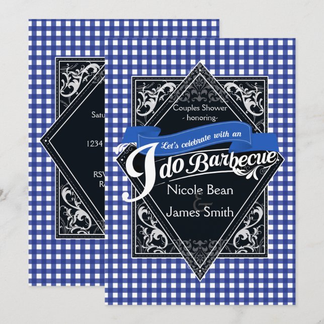 I DO BARBECUE BBQ Blue White Chequered Engagement Invitation (Front/Back)