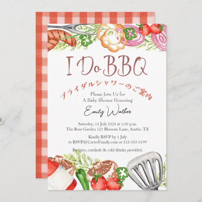 I Do BBQ Bridal Shower Utensil Food Red Gingham Invitation (Front/Back)