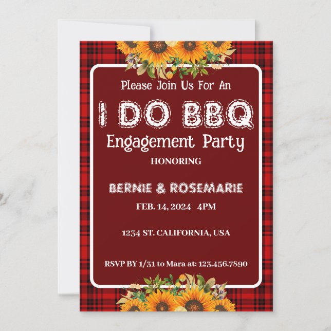 I DO BBQ Chequered Sunflower Engagement Party  Invitation (Front)