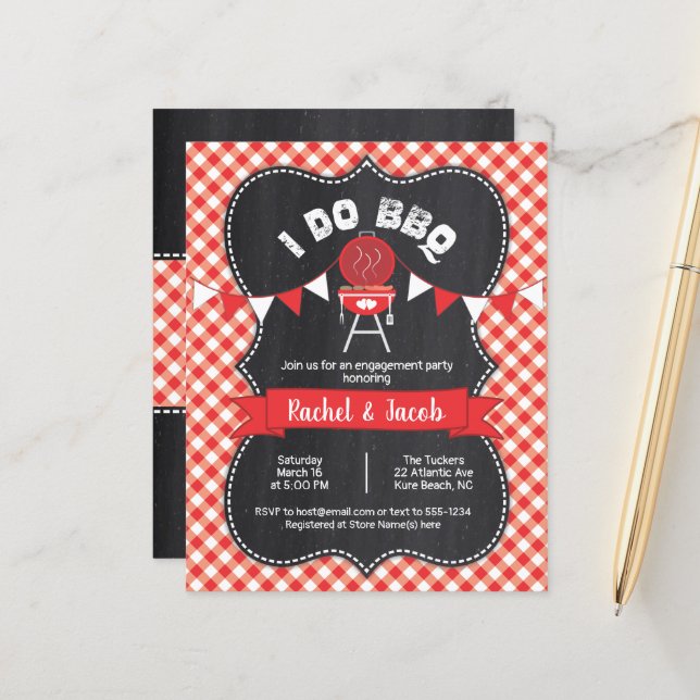 I DO BBQ Couples Shower Red Gingham on Chalkboard (Front/Back In Situ)