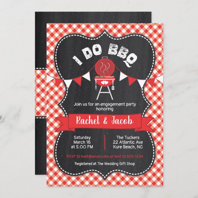 I DO BBQ Couples Shower Red Gingham on Chalkboard Invitation (Front/Back)