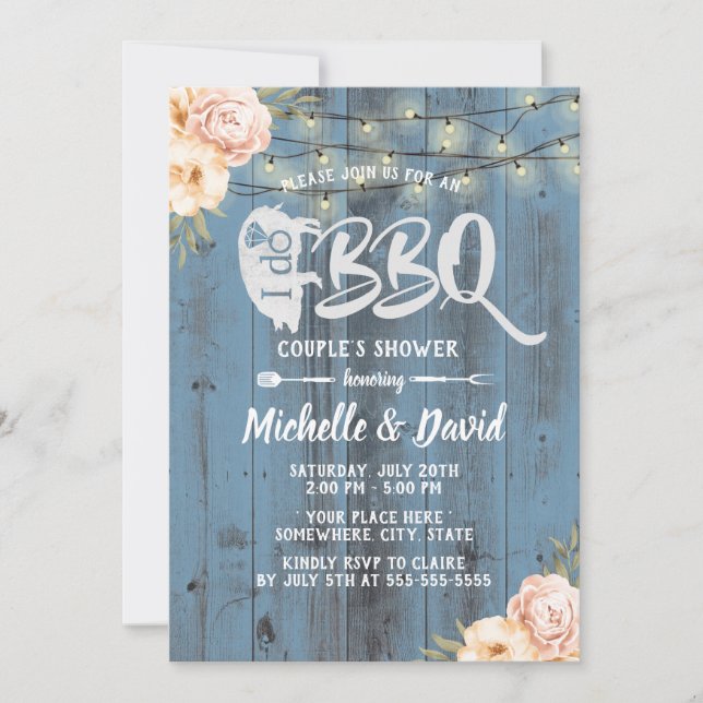 I DO BBQ Couples Shower Rustic Dusty Blue Floral Invitation (Front)