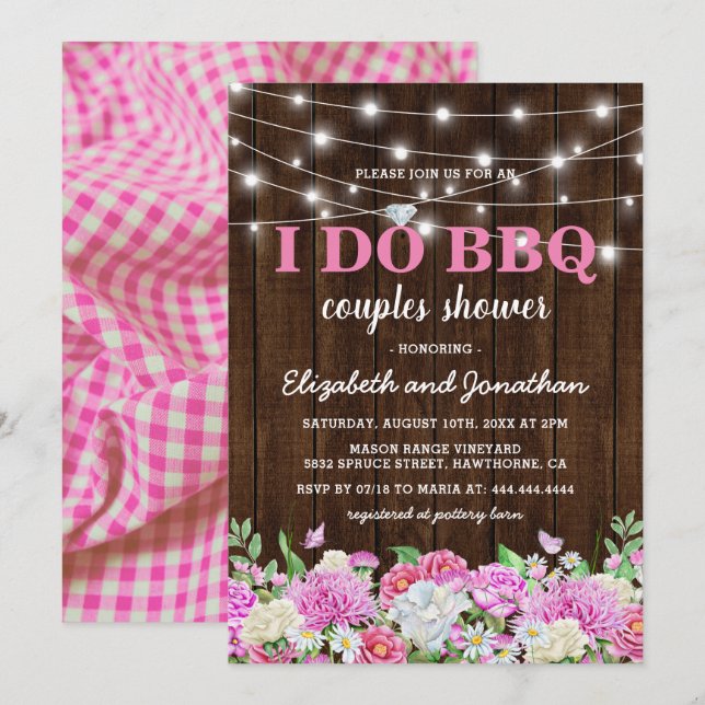 I Do BBQ Couples Shower | Rustic Pink Floral Invitation (Front/Back)