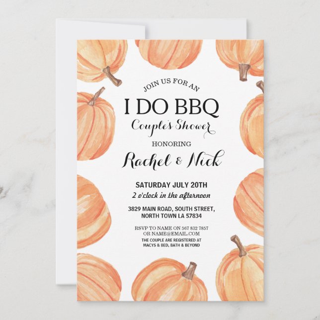 I DO BBQ Couples Shower Watercolor Pumpkin Rustic Invitation (Front)
