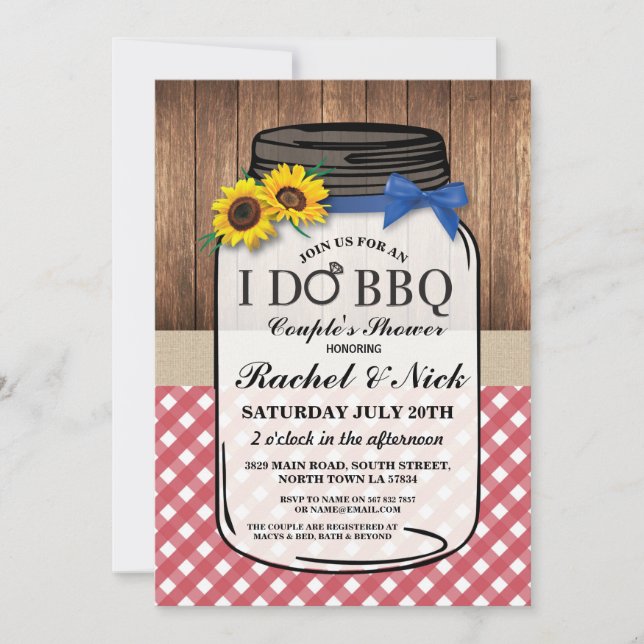 I DO BBQ Couples Sunflower Shower Jar Red Chalk Invitation (Front)
