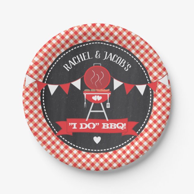 I DO BBQ Couples Wedding Engagement Red Chalkboard Paper Plate (Front)
