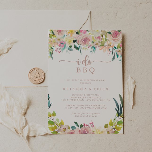 I Do BBQ Engagement Rose Gold Floral Party   Invitation (Creator Uploaded)
