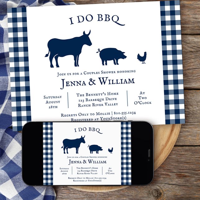 I Do BBQ Farmhouse Navy Blue Plaid Couples Shower Invitation (I DO BBQ couples shower grill themed invitation from my rustic farmhouse BBQ collection
)