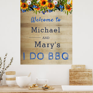 I DO BBQ Floral Wood Monogram Engagement Welcome Poster