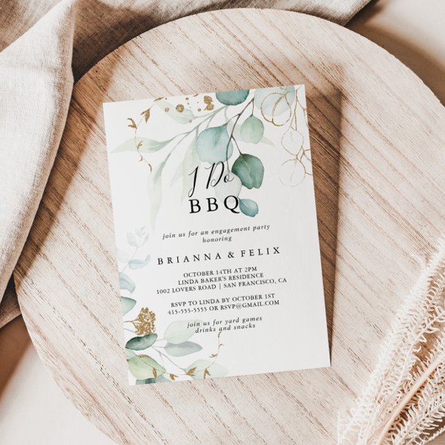 I Do BBQ Gold Eucalyptus Engagement Party  Invitation (Creator Uploaded)