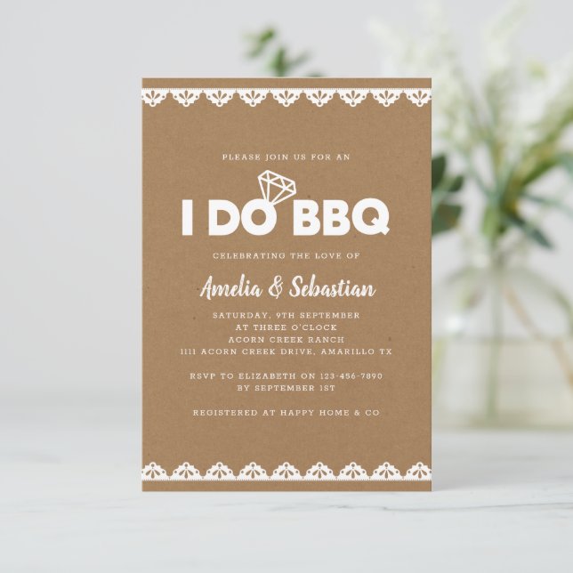 I Do BBQ Kraft Lace Bridal Shower Invitation (Standing Front)