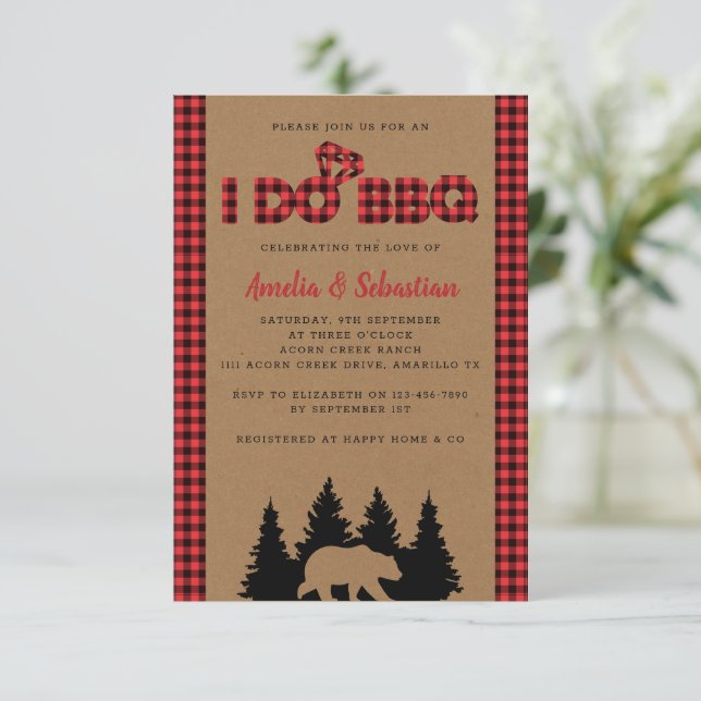 I Do BBQ Kraft Plaid Bridal Shower Invitation (Standing Front)