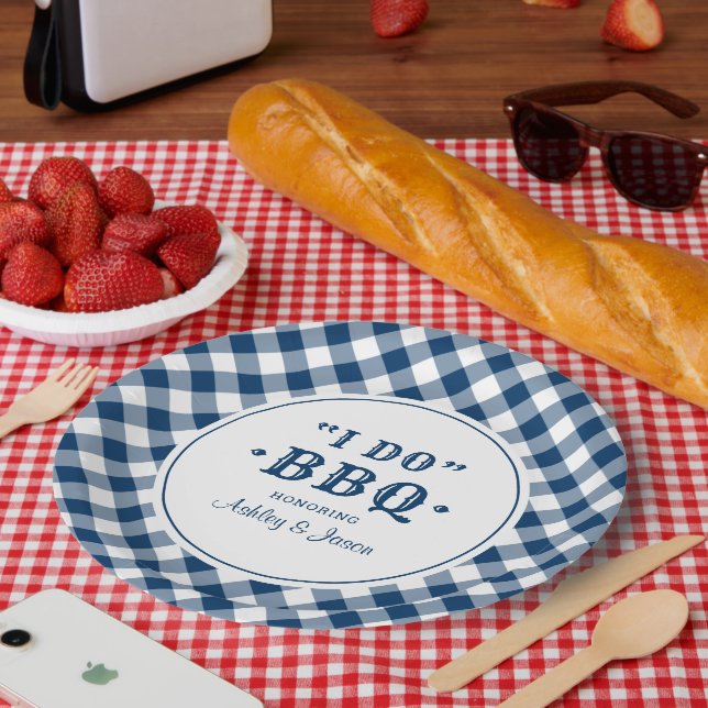 I Do BBQ Navy Gingham Custom Wedding Monogram Paper Plate (Picnic)