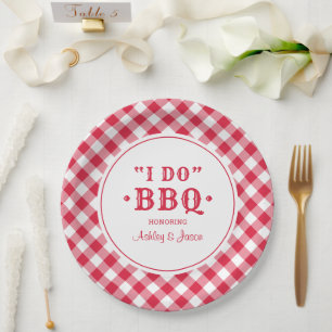 I Do BBQ Red Gingham Custom Wedding Monogram Paper Plate