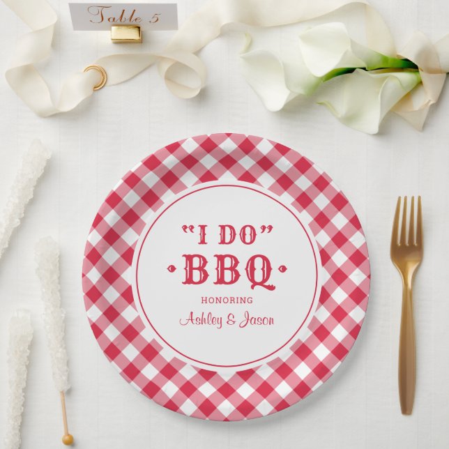 I Do BBQ Red Gingham Custom Wedding Monogram Paper Plate (Wedding)