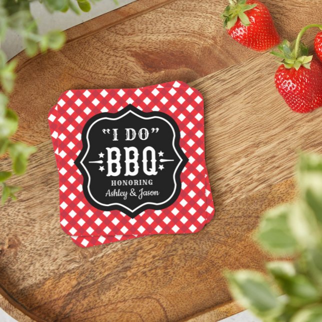 I Do BBQ Red Gingham Custom Wedding Square Paper Coaster (Creator Uploaded)
