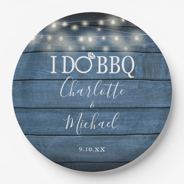 I Do BBQ Rustic Blue Wood String Lights Engagement Paper Plate (Front)