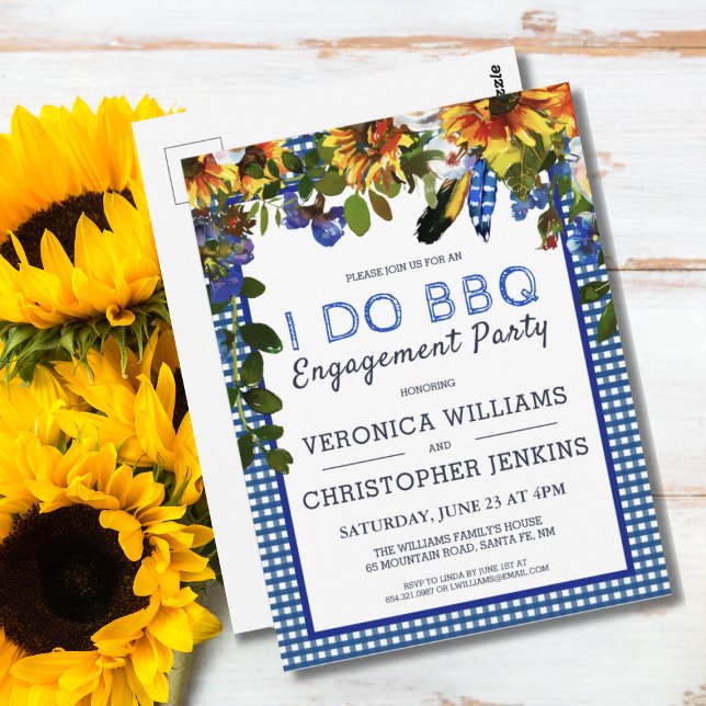 I DO BBQ Rustic Floral Blue Plaid Engagement  Postcard (I DO BBQ Rustic Floral Blue Checker Engagement Party Invitation Postcard)