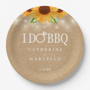 I Do BBQ Rustic Kraft Sunflower Engagement Party Paper Plate