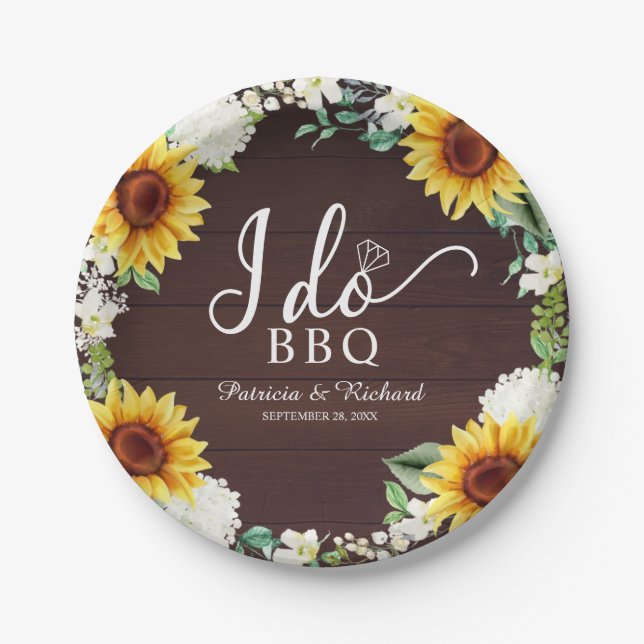I Do BBQ Rustic Sunflowers Engagement Party Paper  Paper Plate (Front)