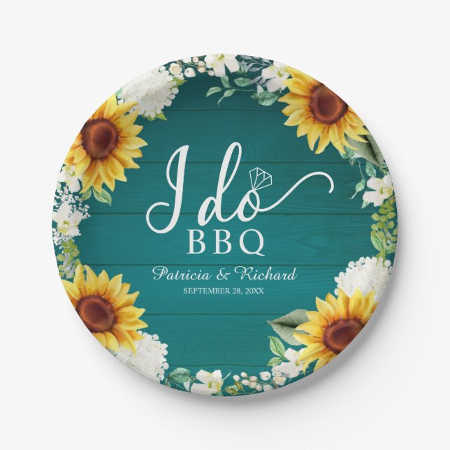 I Do BBQ Rustic Sunflowers Engagement Party Paper Plate (Front)